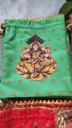 Lakshmi Print Silk Potli Bags - Hindu Wedding Favor Bags.