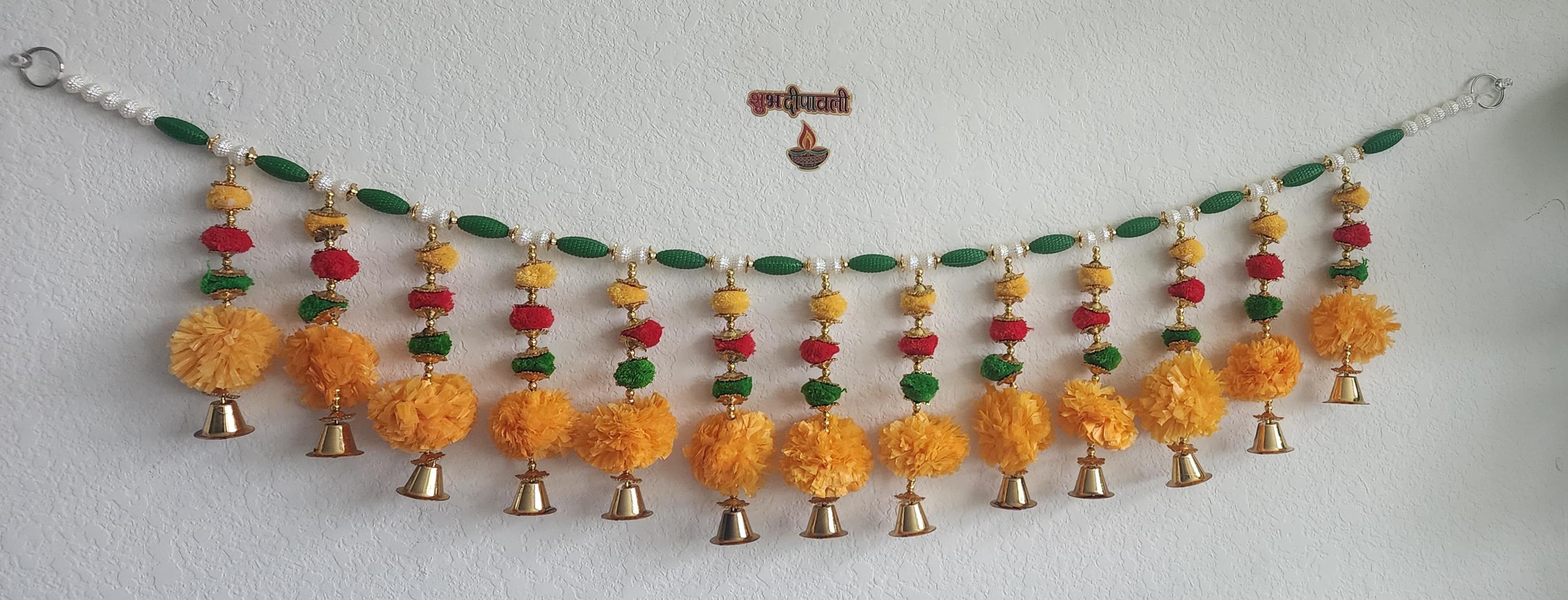 Handmade Indian Toran: Silk Door Hanging with Bells (38 x 6 inch)