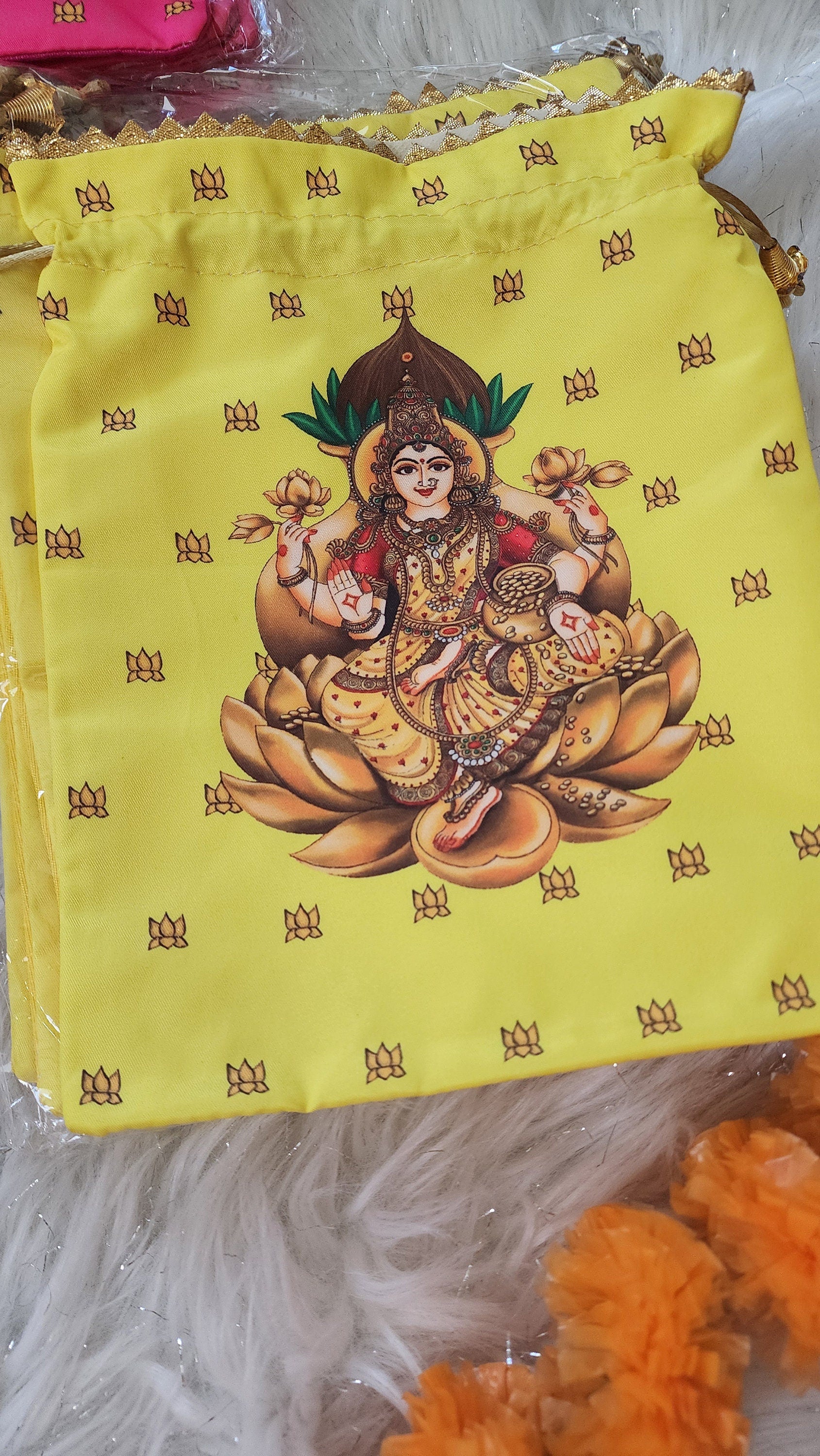 Lakshmi Print Silk Potli Bags - Hindu Wedding Favor Bags.