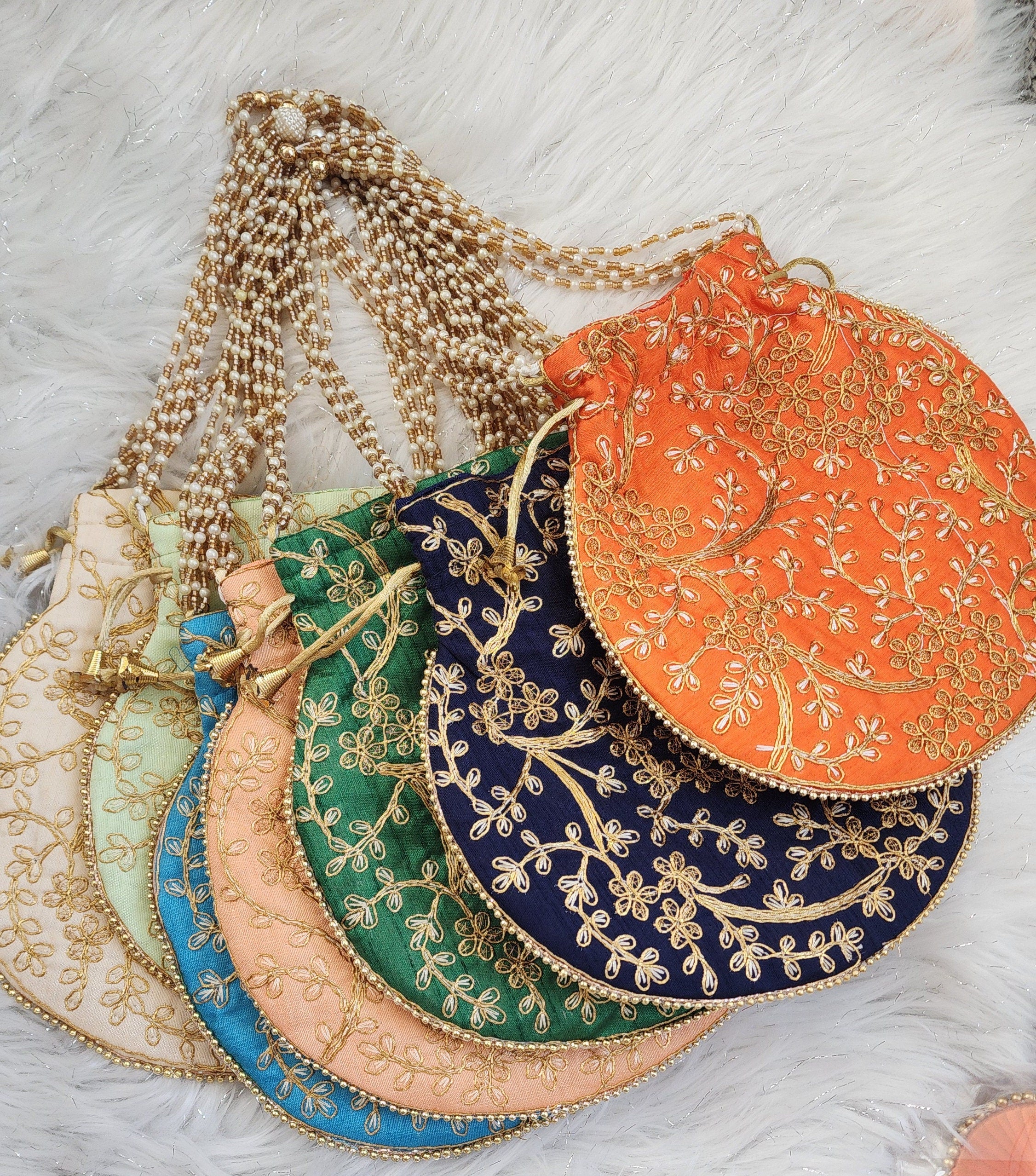 Diwali Potli Bag Set: Embroidered Pooja Gift, Housewarming Favors (5 Pcs)