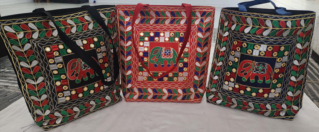 Embroidered Elephant Crossbody Bag: Indian Mirror Work Jhola Bag