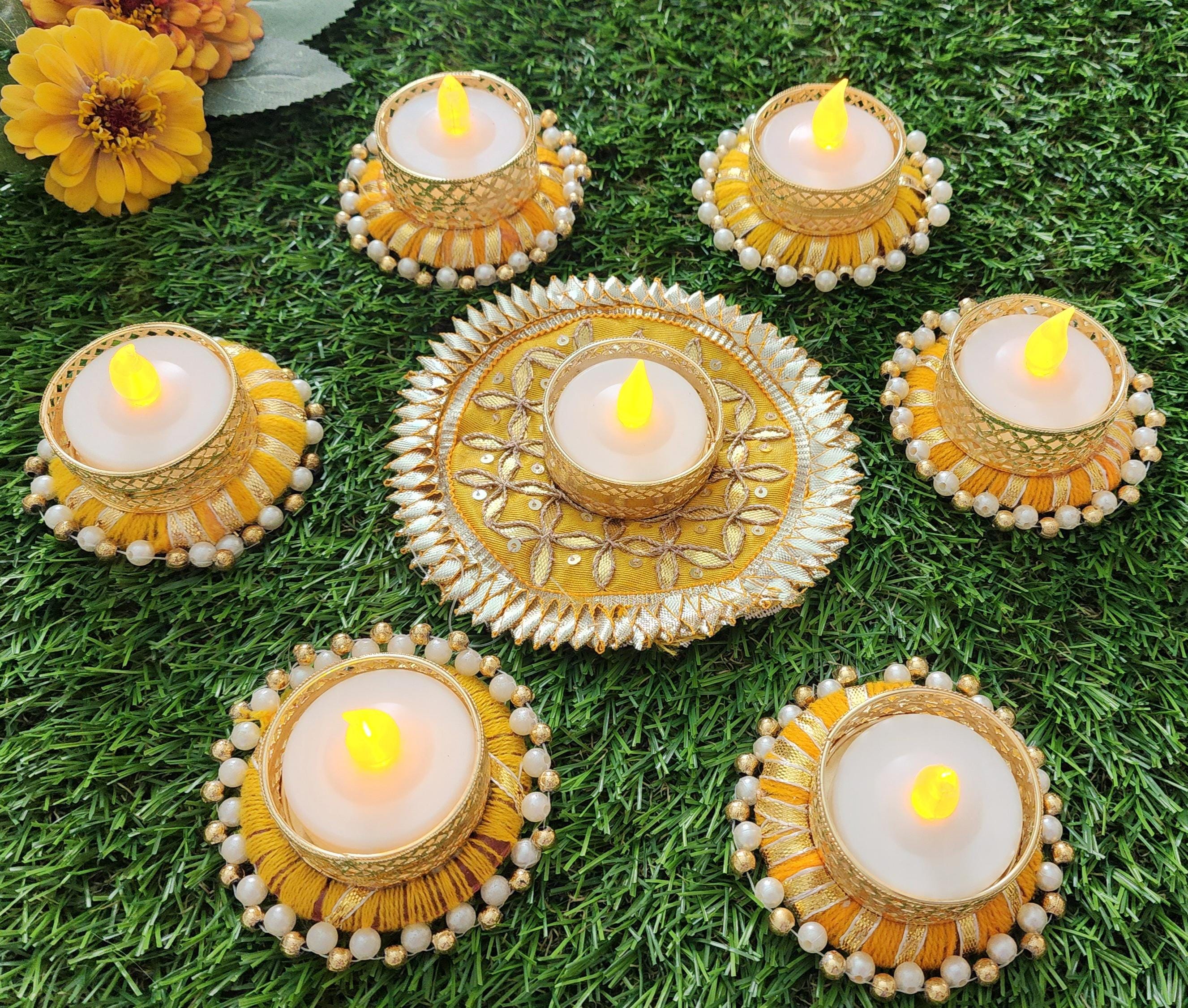 Handmade Gotta Work Rangoli Set: Diwali Tealight Candle Holders