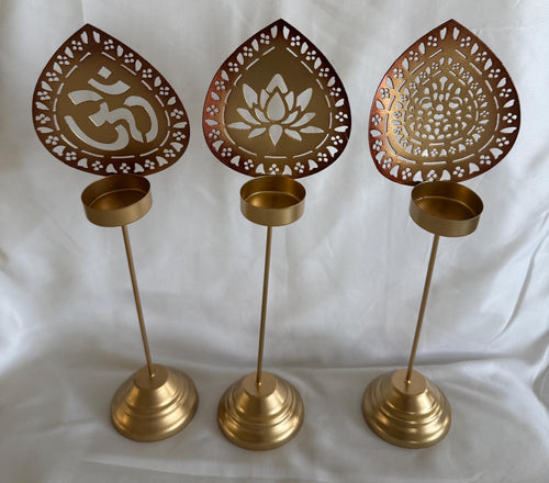 Handmade Metallic Urli Diya with Stand: Lotus/Om Diwali Decor - 12 inch