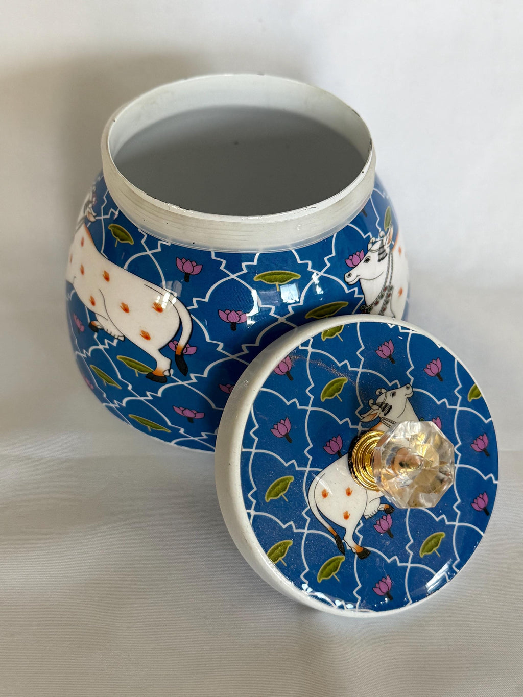 Pichwai Art Jar: Nandi Cow & Peacock Design, Copper Home Decor.