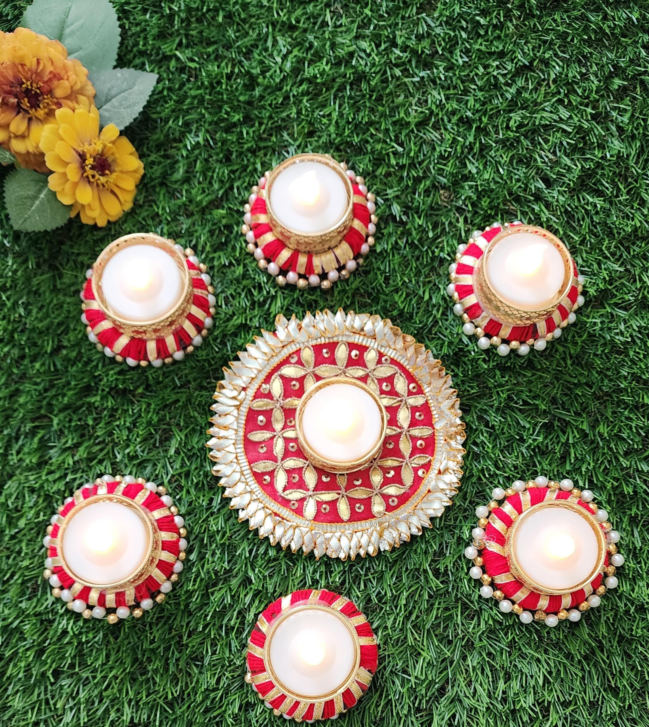 Handmade Gotta Work Rangoli Set: Diwali Tealight Candle Holders