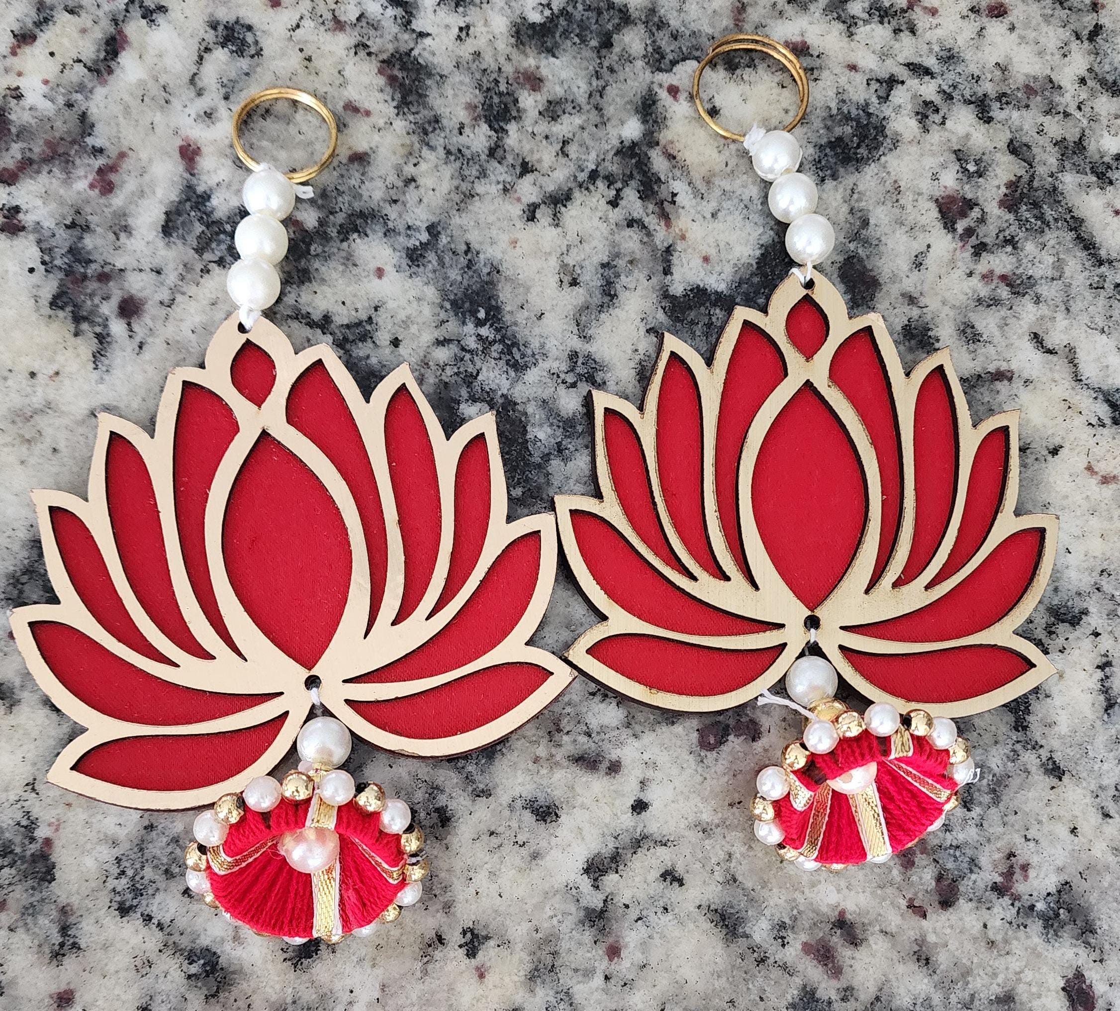 Red Wooden Lotus Hanging Pair: Indian Wedding Diwali Decor