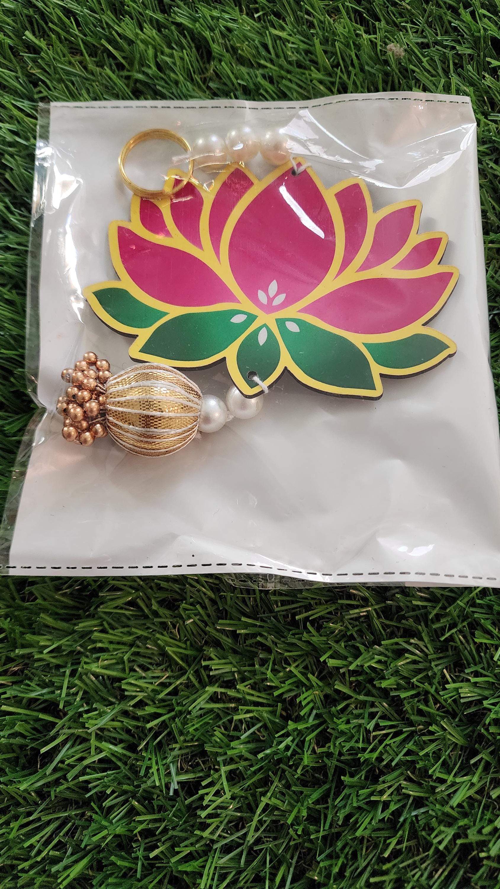 Lotus Hanging Pair: Pink Handmade Mandir Diwali Decoration - 5 inch.