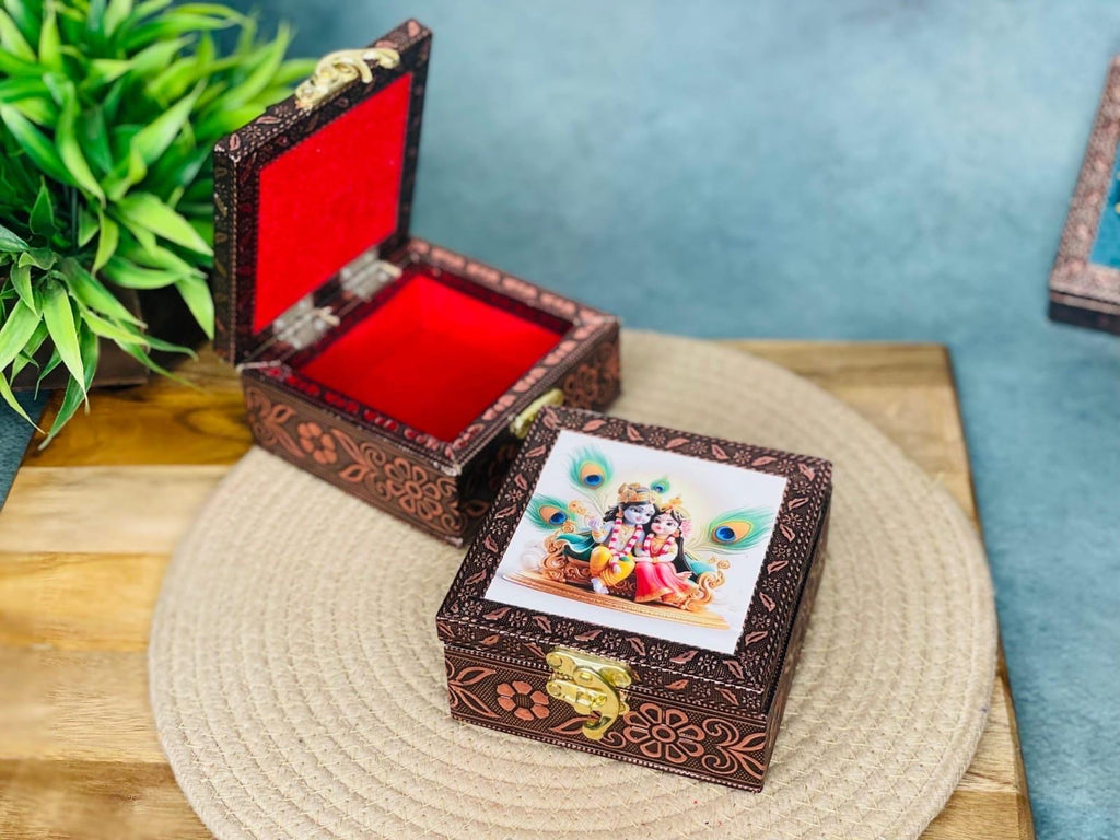 Printed Jewelry Box: Brocade Fabric, Leather - Ring, Earring, Necklace Storage Box