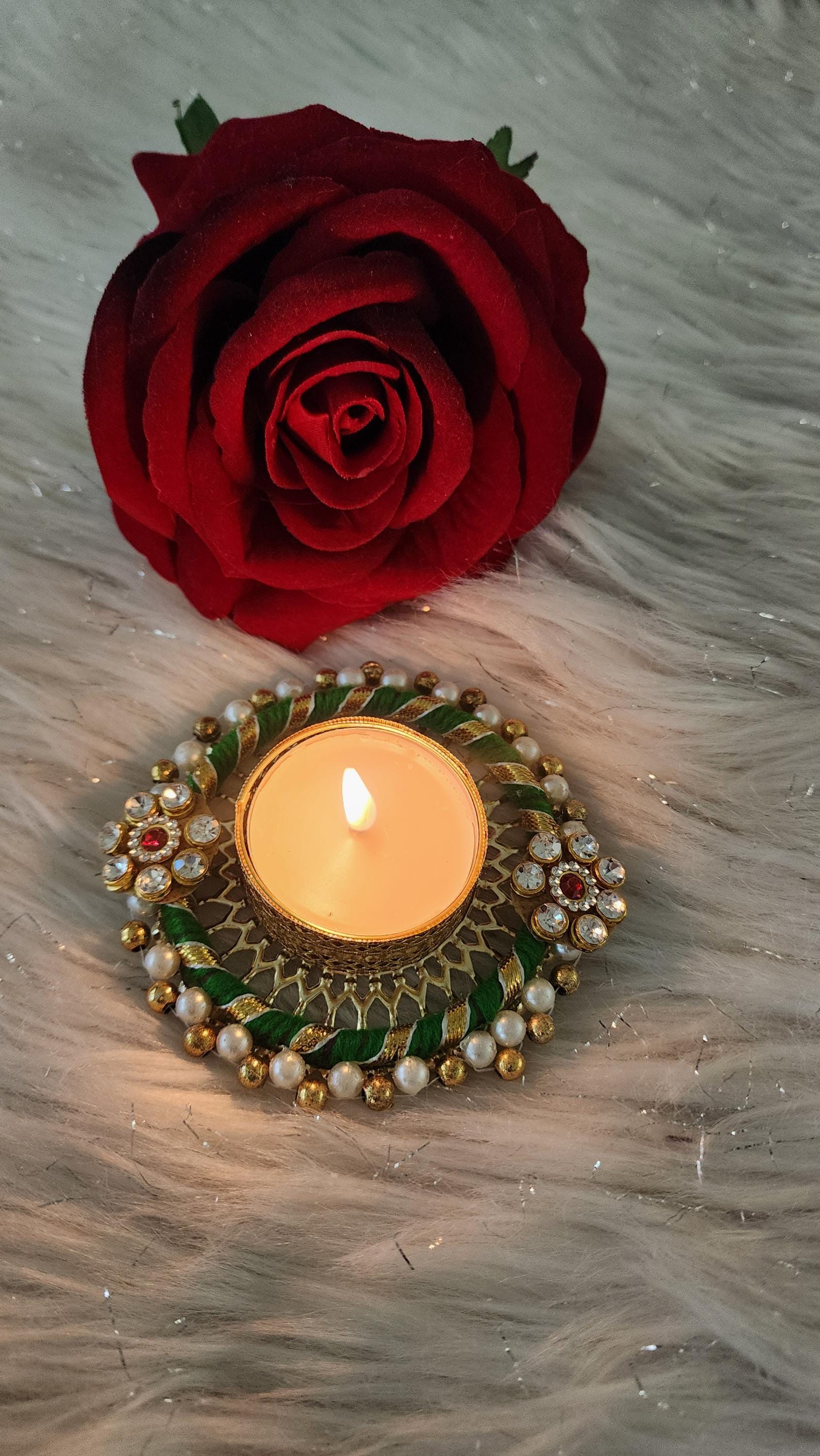 Handcrafted Kundan Tea Light Holder: Diwali Pooja Decor, Multi Color, 4 inch