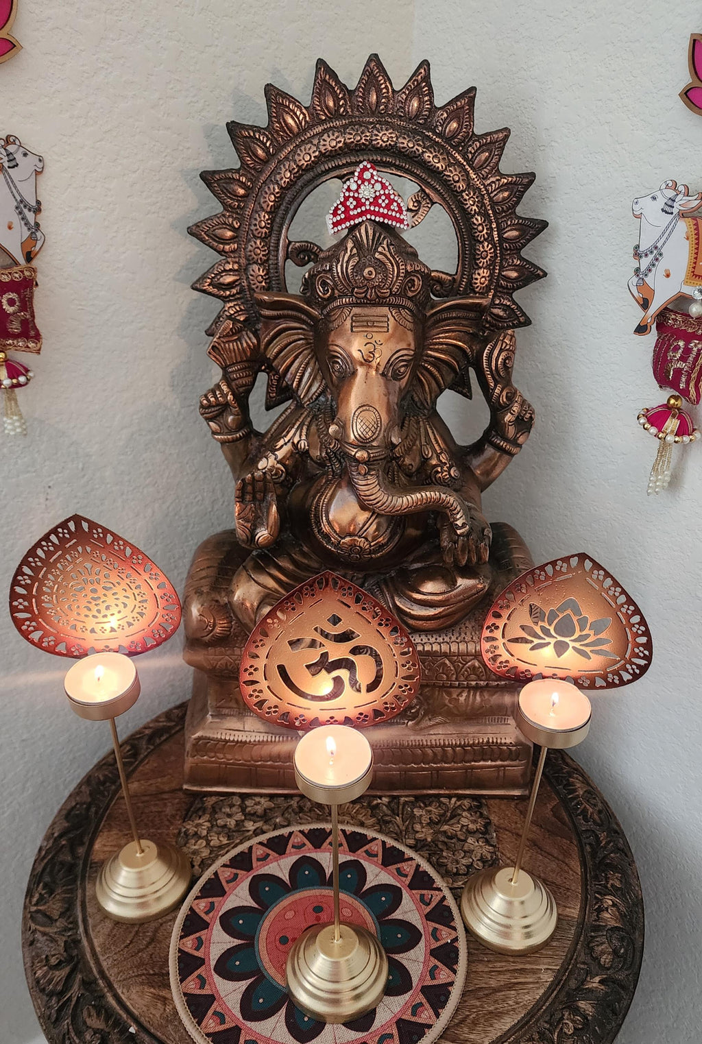 Handmade Metallic Urli Diya with Stand: Lotus/Om Diwali Decor - 10 inch