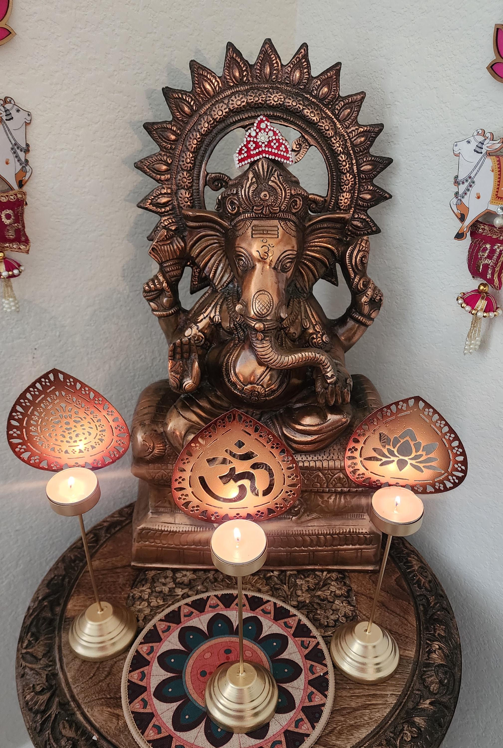 Handmade Metallic Urli Diya with Stand: Lotus/Om Diwali Decor - 10 inch