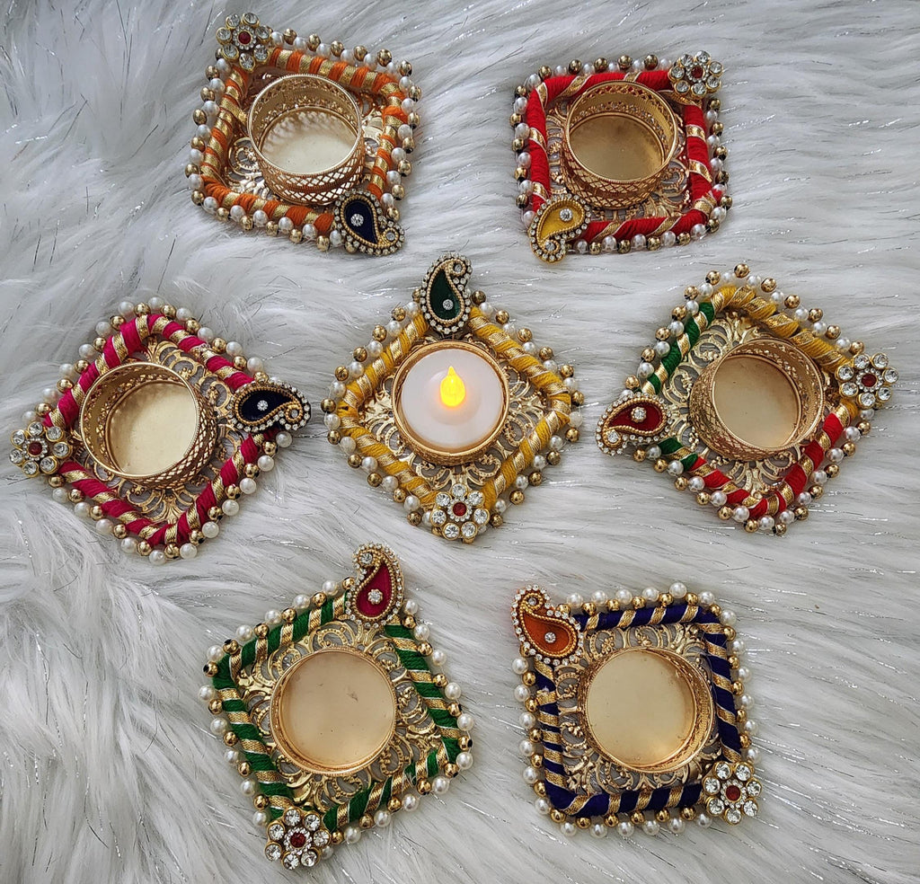 Kundan Tea Light Holder Wedding Favors: Diwali Pooja Candle Holders.