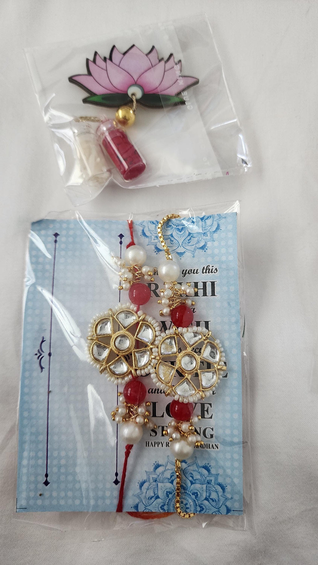 Handmade Kundan Rakhi Set: Pearl Chain Couple Rakhsha Bandhan