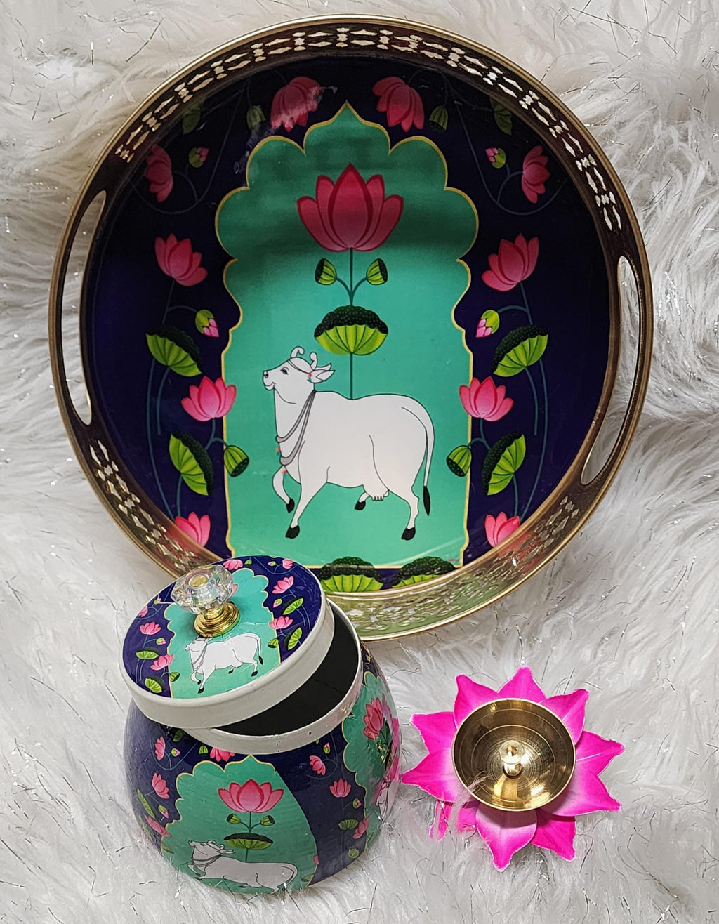 Pichwai Art Metal Tray Set: Nandi Cow Design, Indian Home Decor.