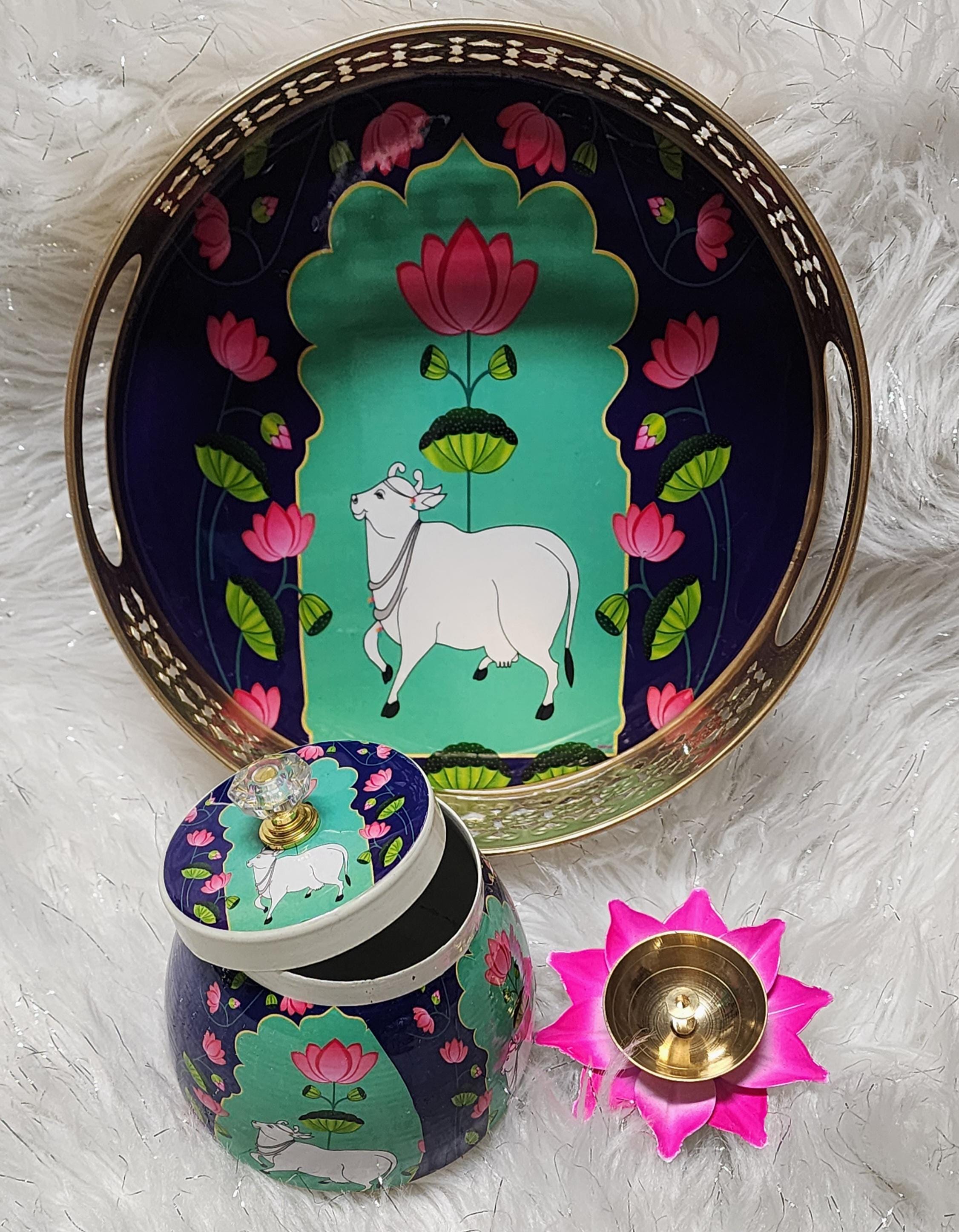 Pichwai Art Metal Tray Set: Nandi Cow Design, Indian Home Decor.
