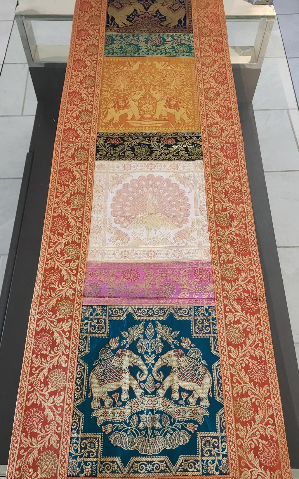 Elephant Print Silk Brocade Table Runner: Indian Decor (16X60 Inch)