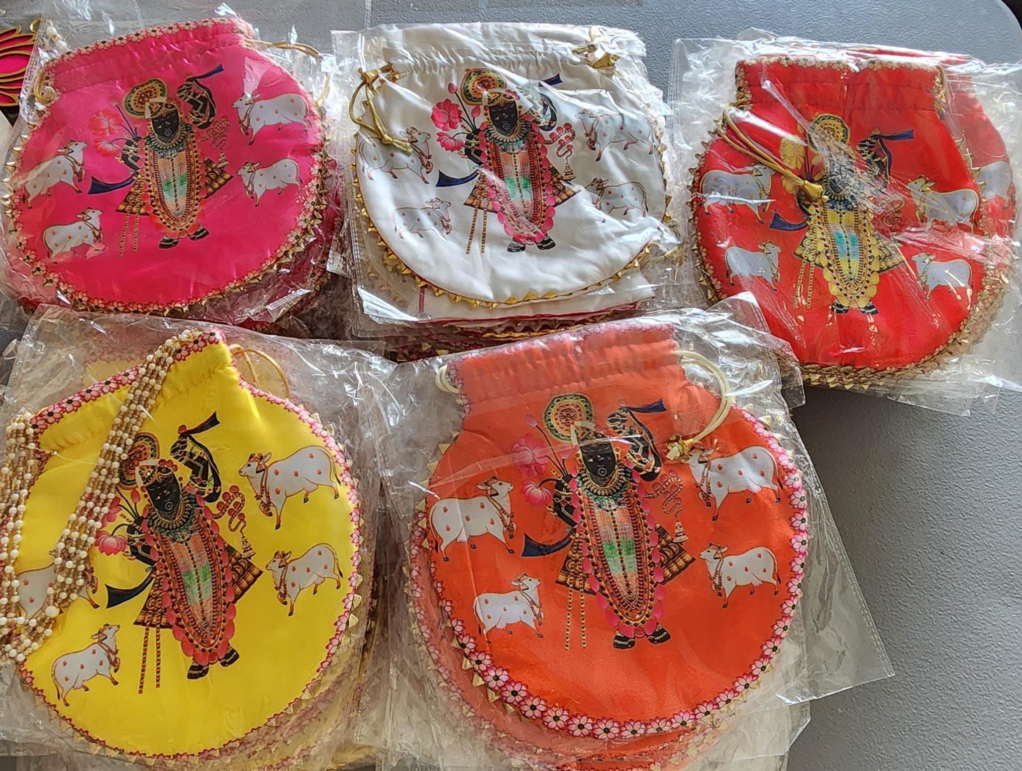 Shreenath ji God Potli Bag: Embroidered Silk Clutch, Indian Wedding Favor.