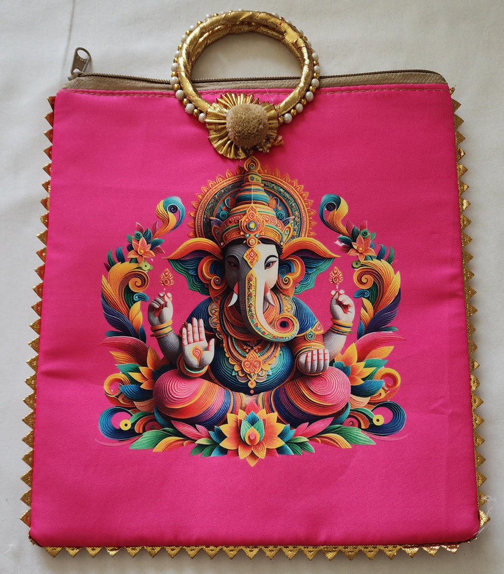 Ganesh Ji Print Silk Potli Bag: Multicolor Indian Wedding Favor