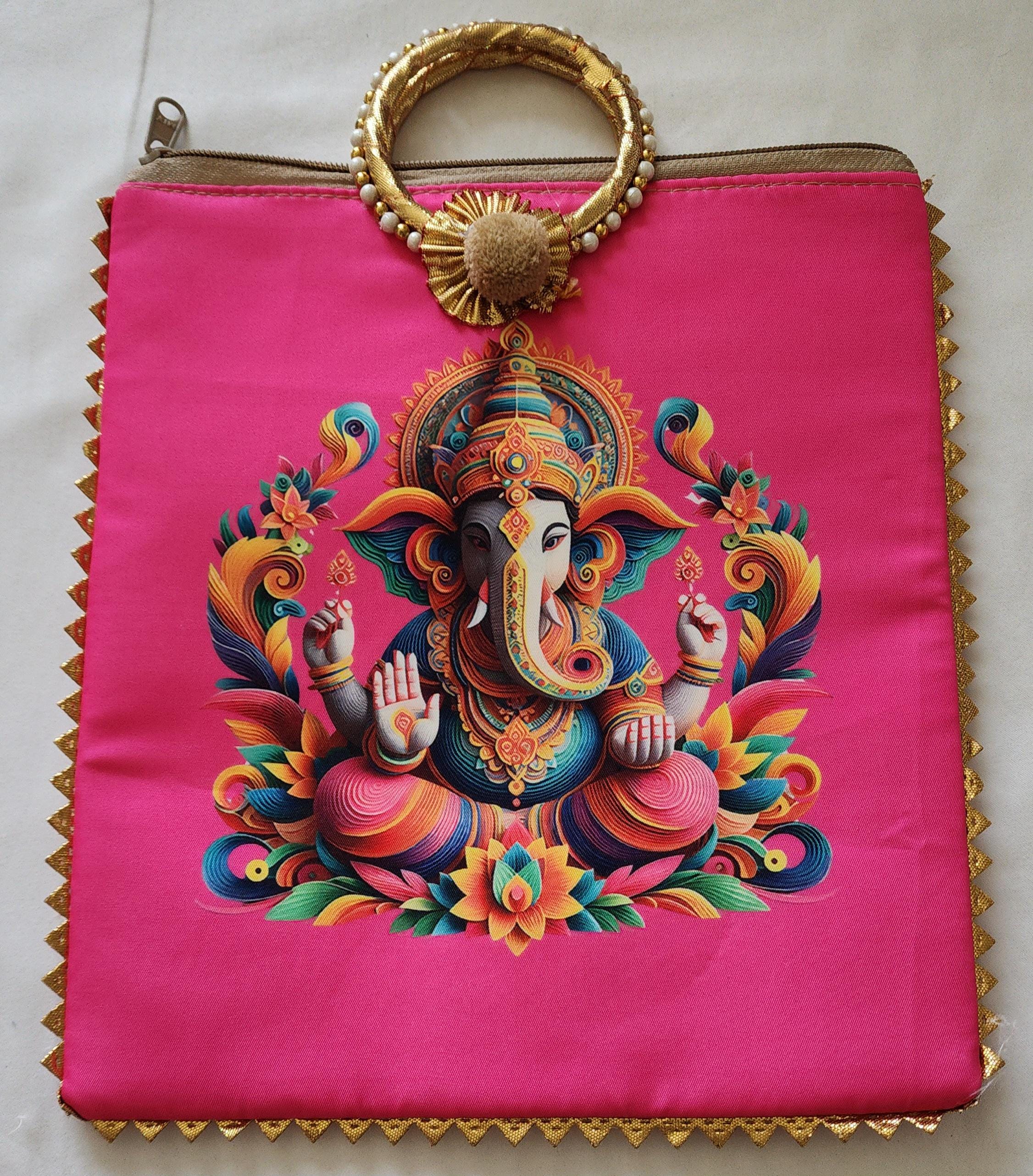 Ganesh Ji Print Silk Potli Bag: Multicolor Indian Wedding Favor