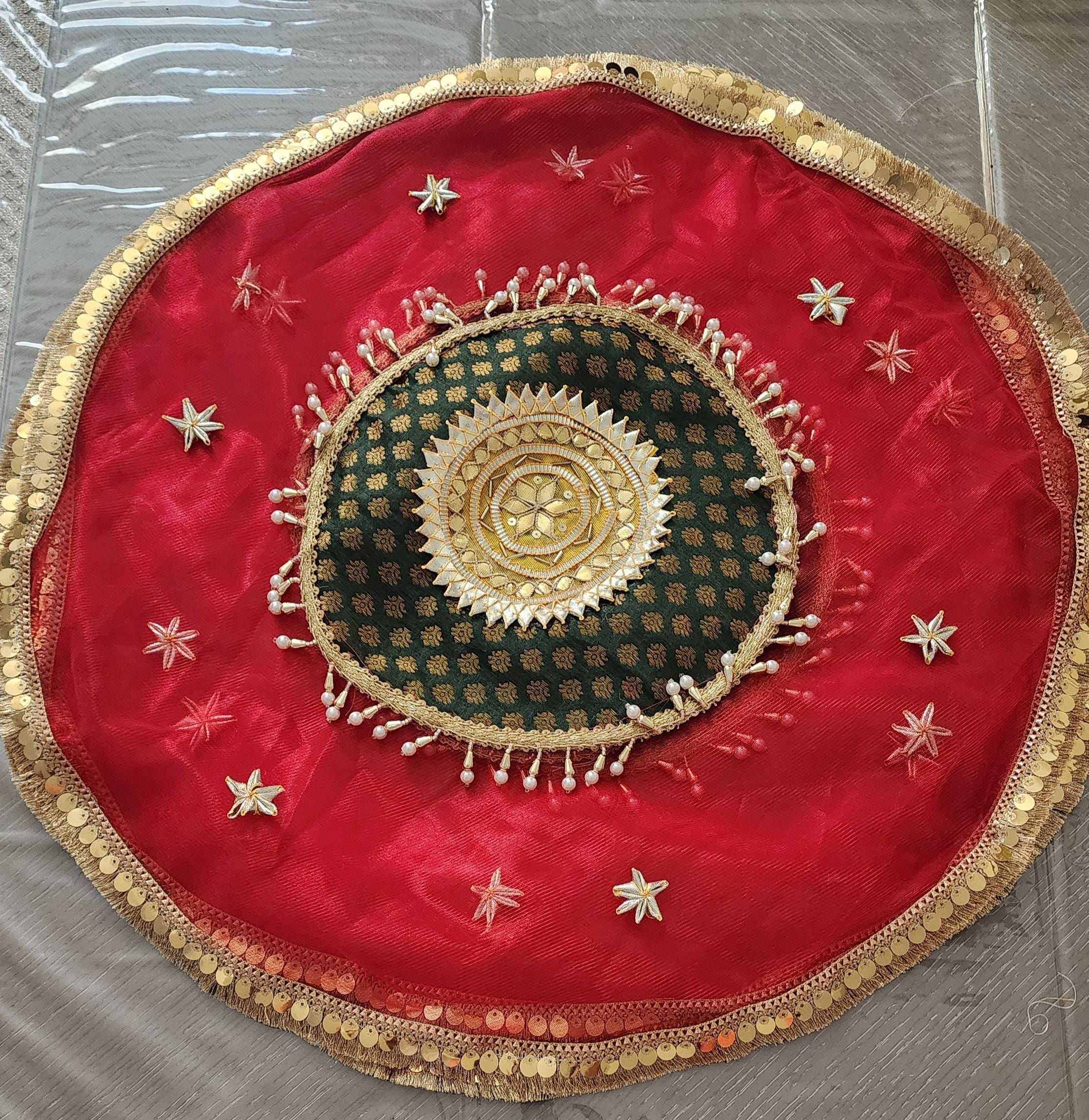 Handmade Organza Thali Cover: Indian Wedding Decor, Gota Embellished (21 inches)