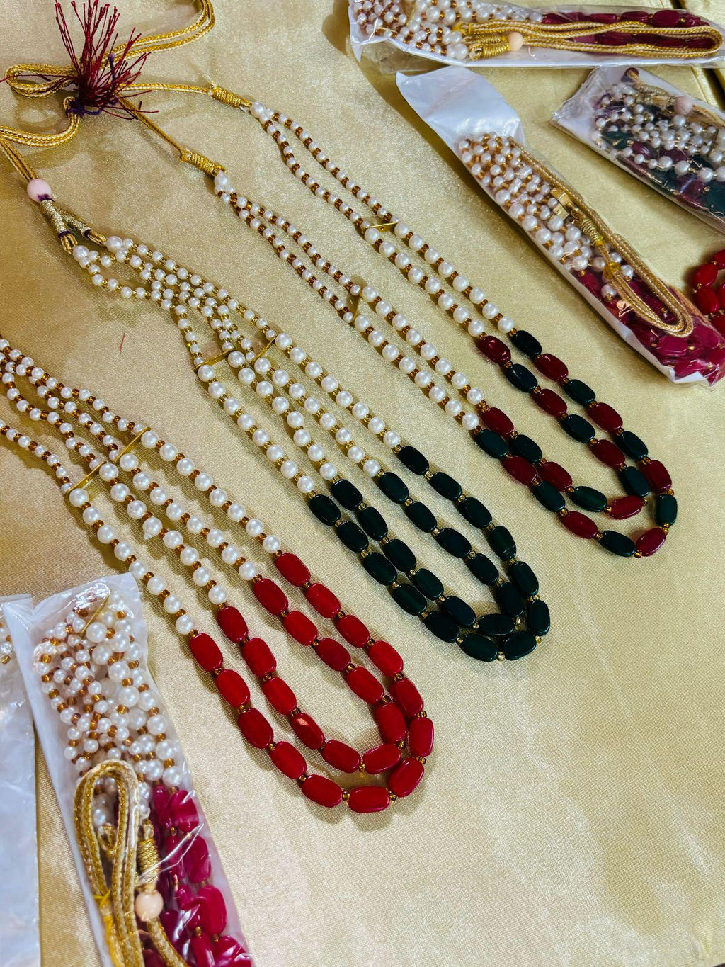 Pearl Mala Necklace: Handmade Indian Wedding Welcome Gift, Red Green White.