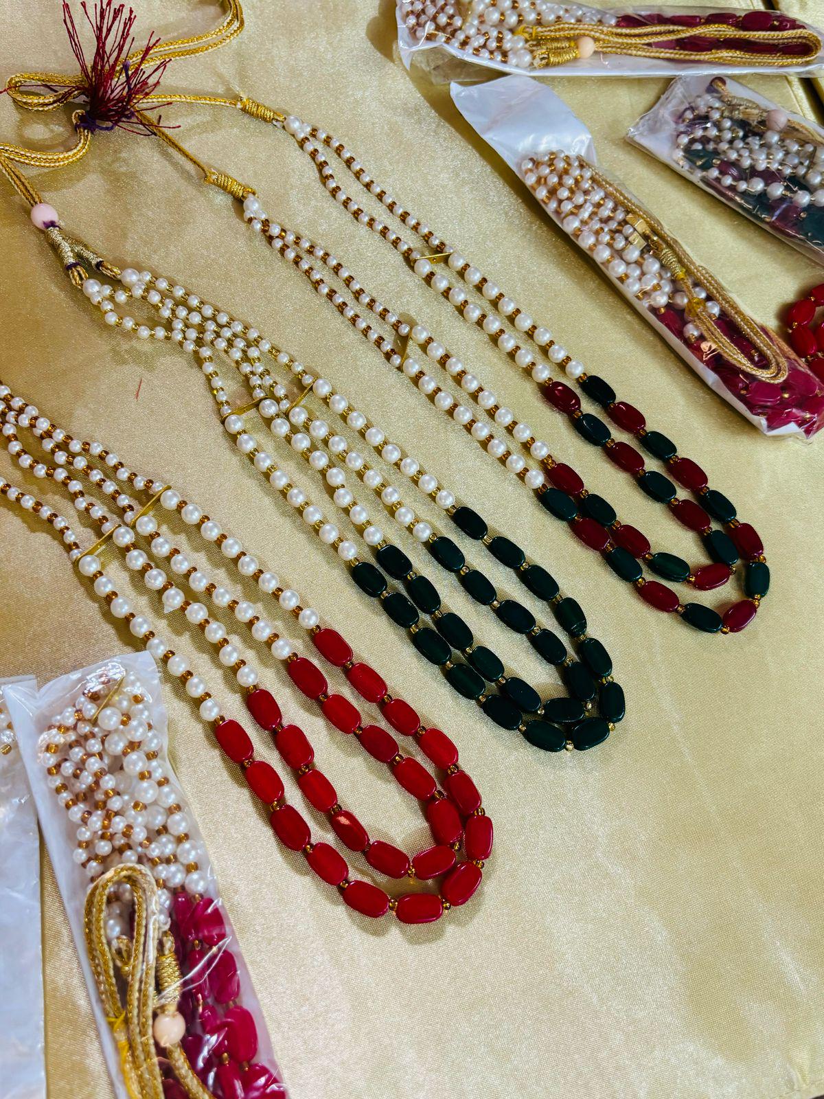 Pearl Mala Necklace: Handmade Indian Wedding Welcome Gift, Red Green White.