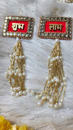 Kundan Shubh-Labh Hanging: Red Velvet Diwali Mandir Decor.