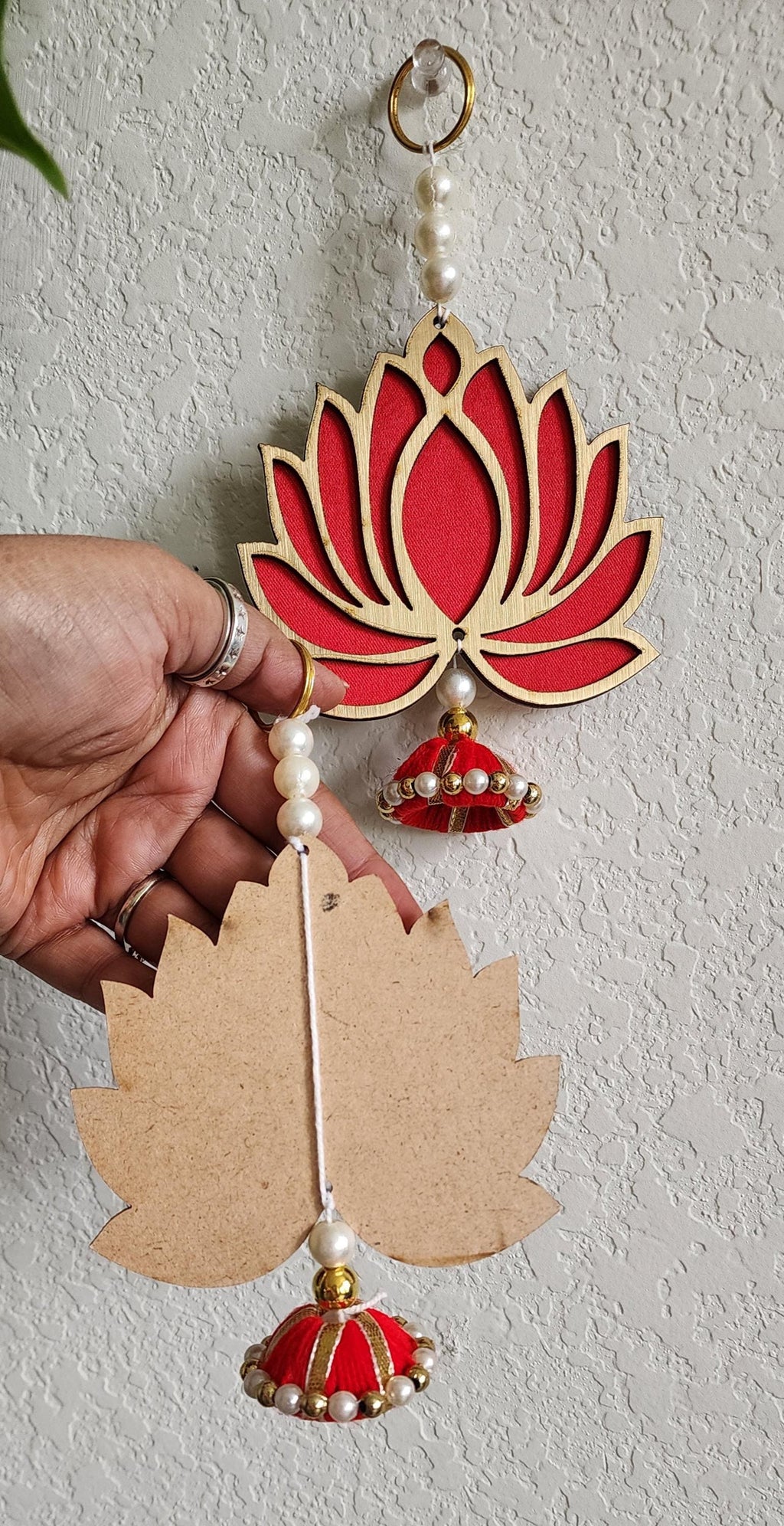 Red Wooden Lotus Hanging Pair: Indian Wedding Diwali Decor