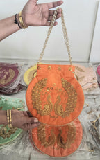 Embroidered Silk Peacock Print Potli Bag: Indian Wedding Favor, Henna Party Gift