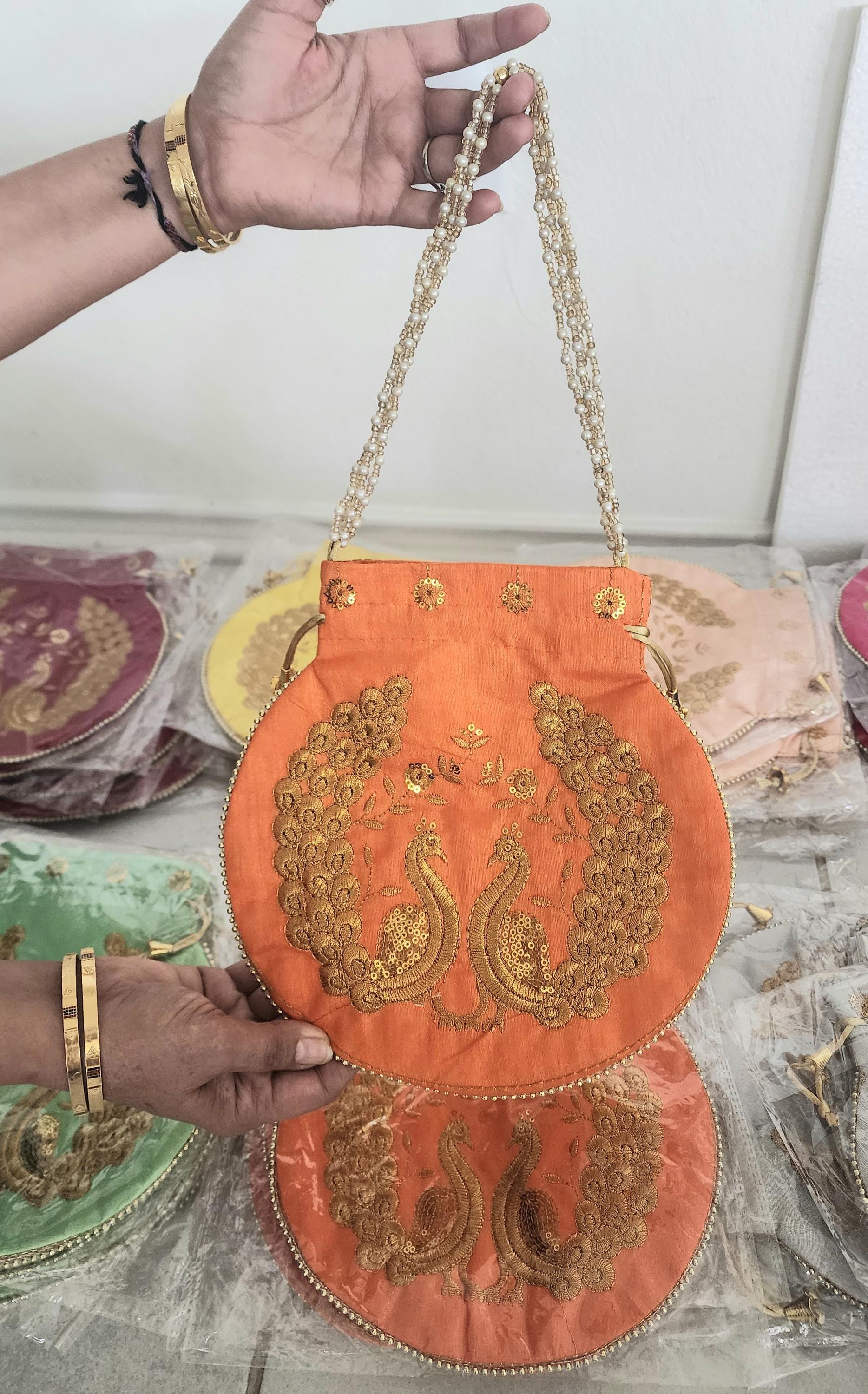 Embroidered Silk Peacock Print Potli Bag: Indian Wedding Favor, Henna Party Gift