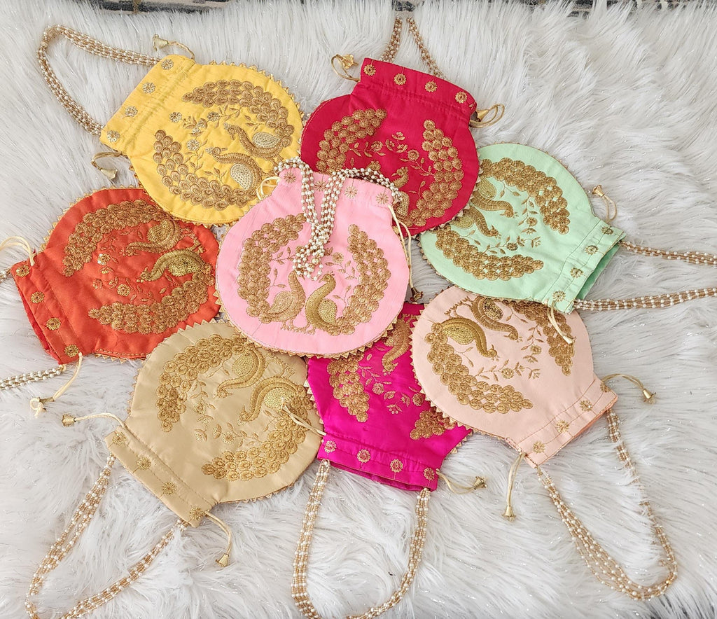 Embroidered Silk Peacock Print Potli Bag: Indian Wedding Favor, Henna Party Gift