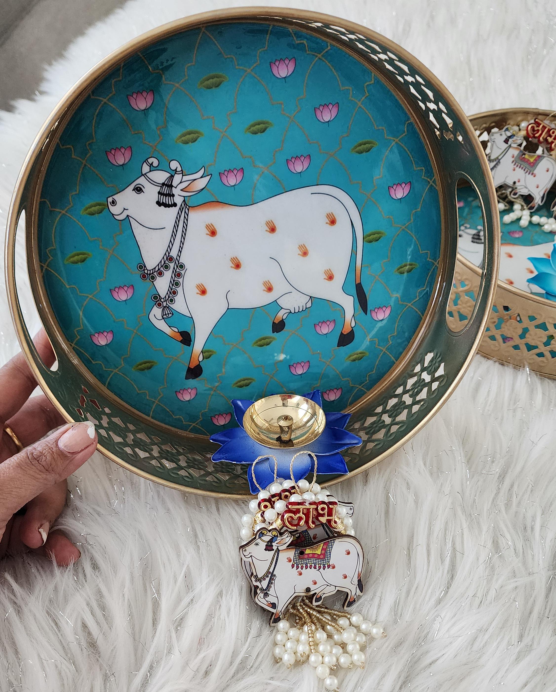 Pichwai Art Metal Tray Set: Nandi Cow Design, Diwali Decor.