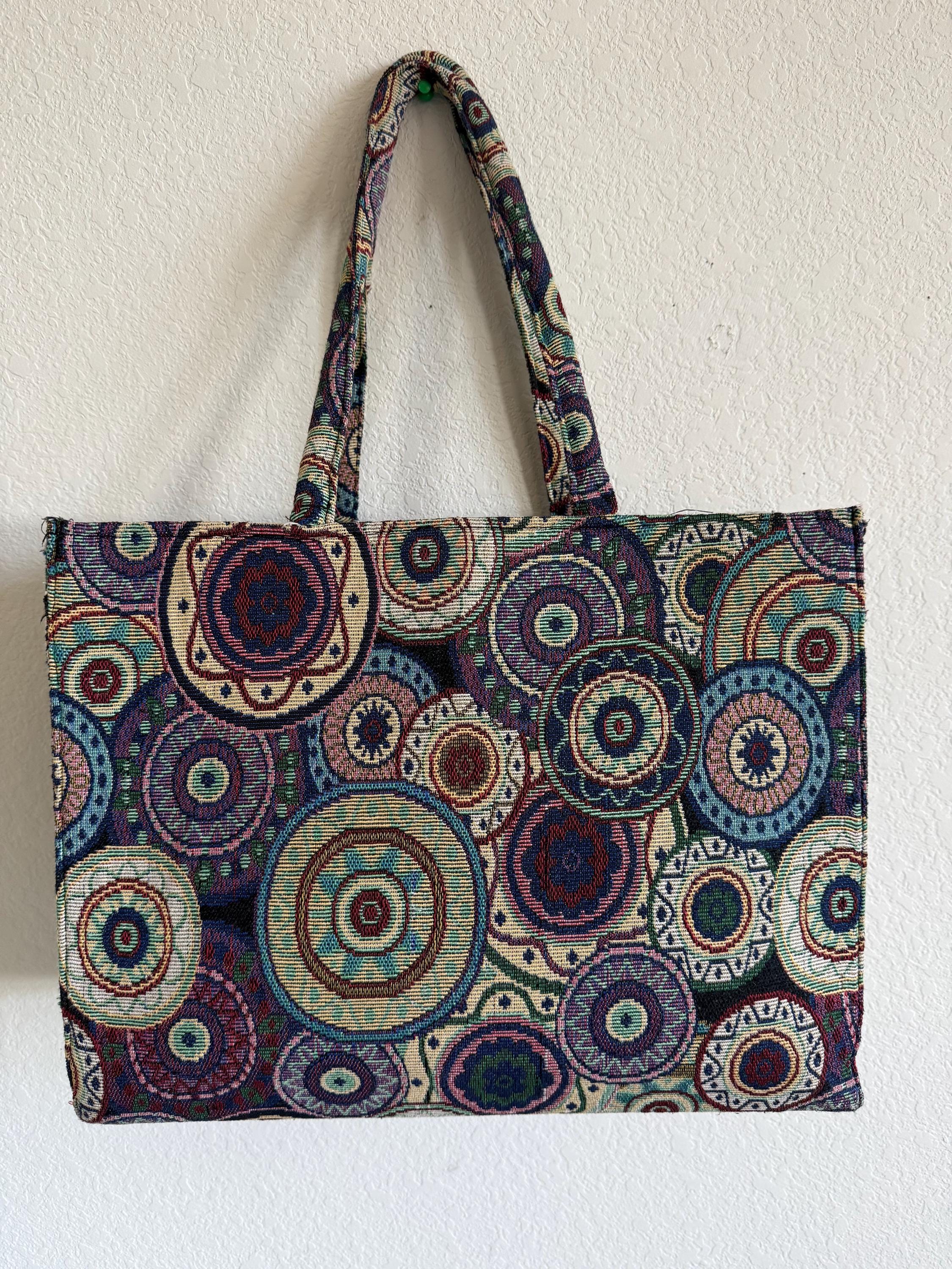 Indian Vintage Tapestry Tote Bag, Geometric Floral Pattern, Double Handle, Boho Style Shopping Handbag.