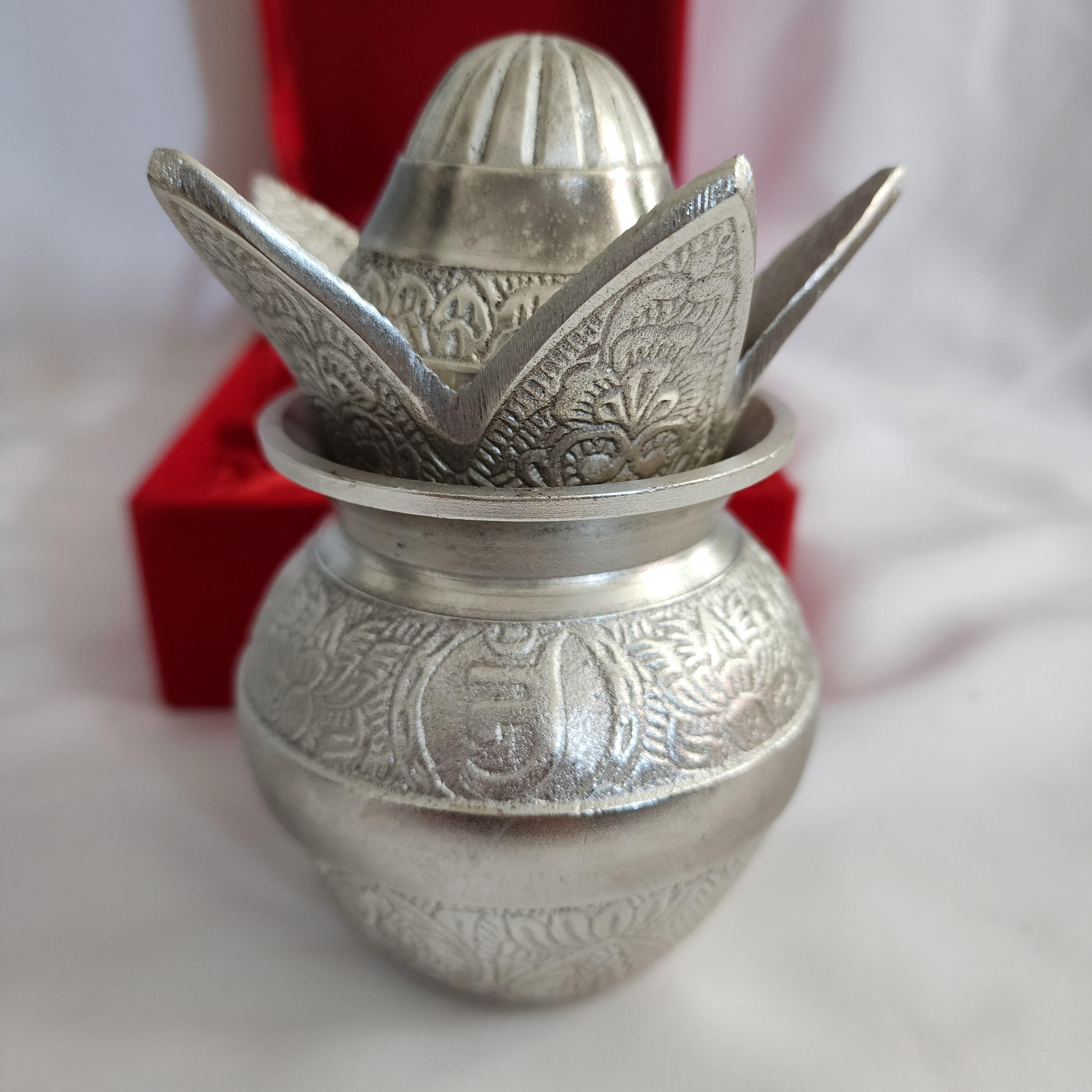Handmade German Silver Mangal Kalash with Velvet Gift Box: Diwali Pooja Favor