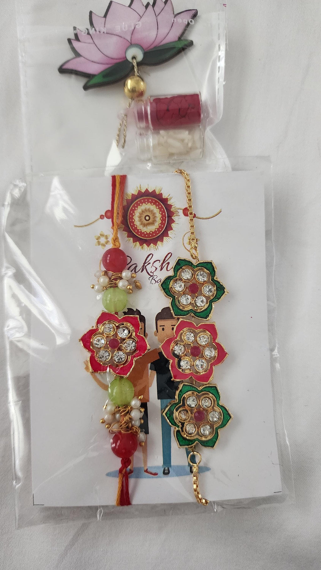 Handmade Kundan Rakhi Set: Pearl Chain Couple Rakhi with Roli Chawal
