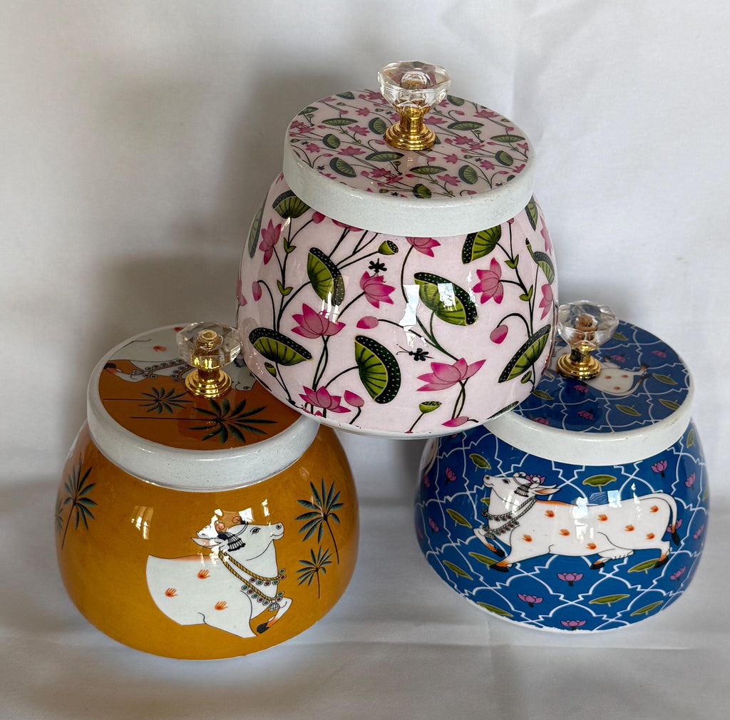 Pichwai Art Jar: Nandi Cow & Peacock Design, Copper Home Decor.