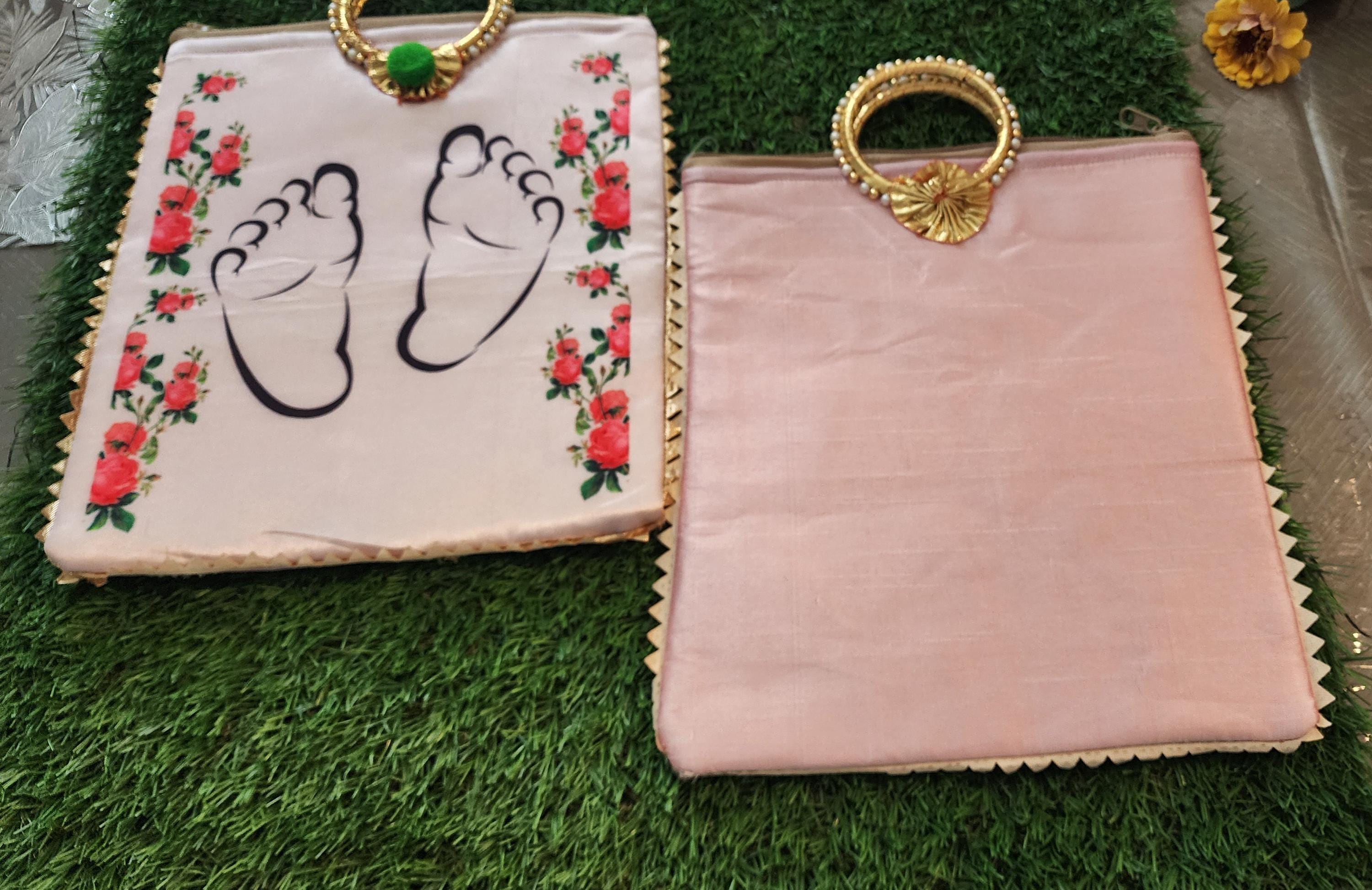 Baby Shower Favor Bag: Silk Handbag with Gold Handle & Zipper