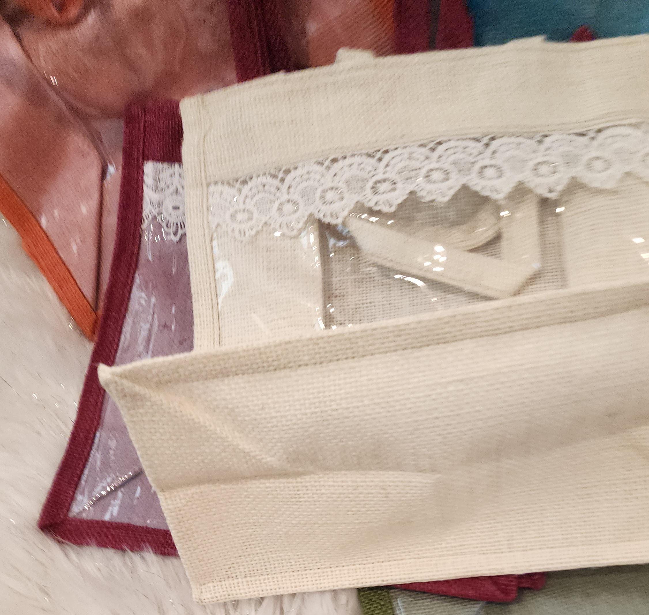 Jute Gift Handmade Bag with Lace & Transparent Panel - Party Favor Bag.