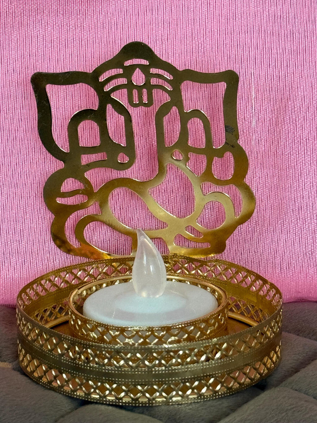 Gold Metal Shadow Diya Set: Ganesh & Lakshmi Indian Candle Holders