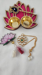 Handmade Kundan Rakhi Set: Pearl Haldi Kumkum Plate, Roli Chawal