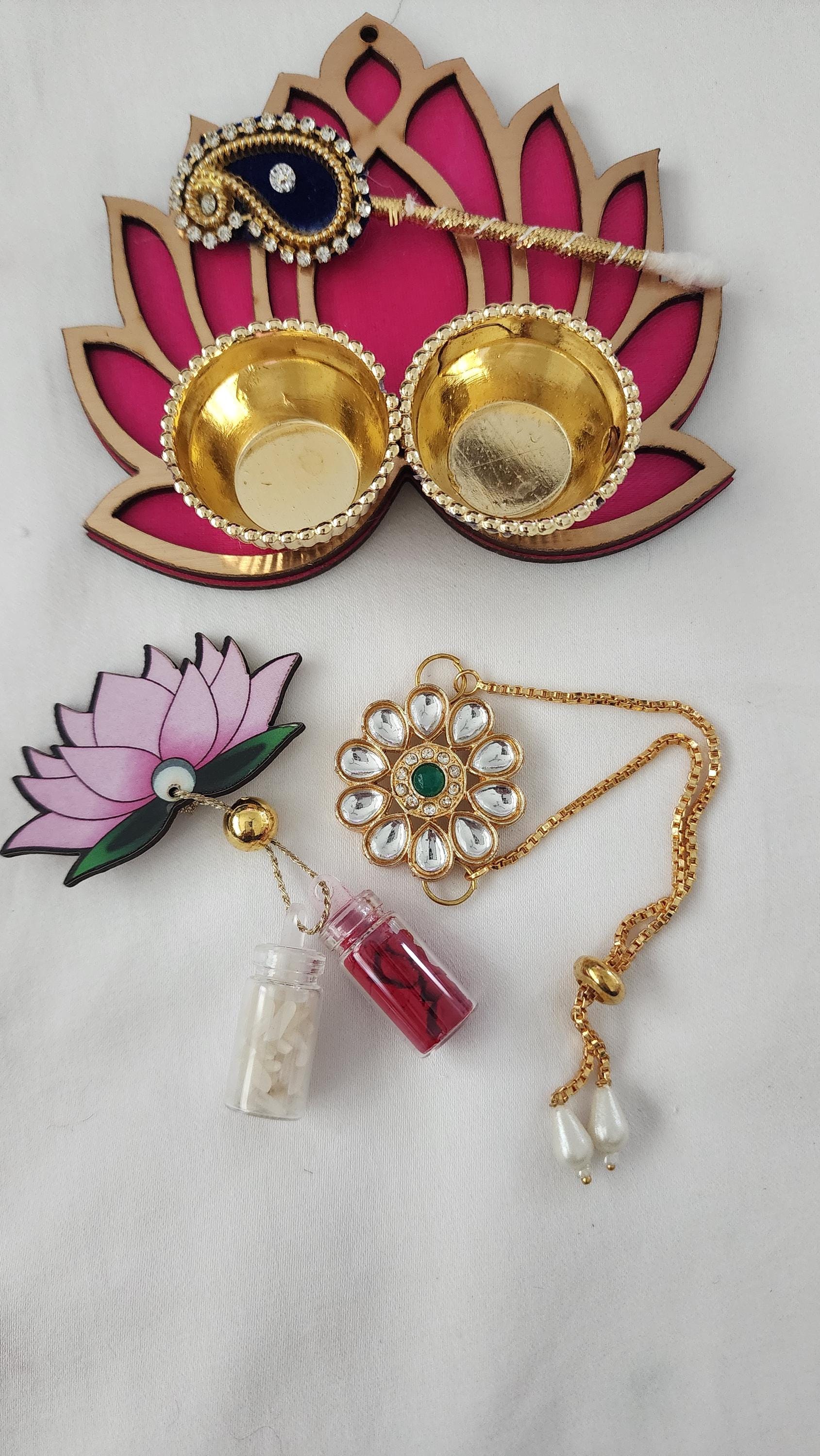 Handmade Kundan Rakhi Set: Pearl Haldi Kumkum Plate, Roli Chawal