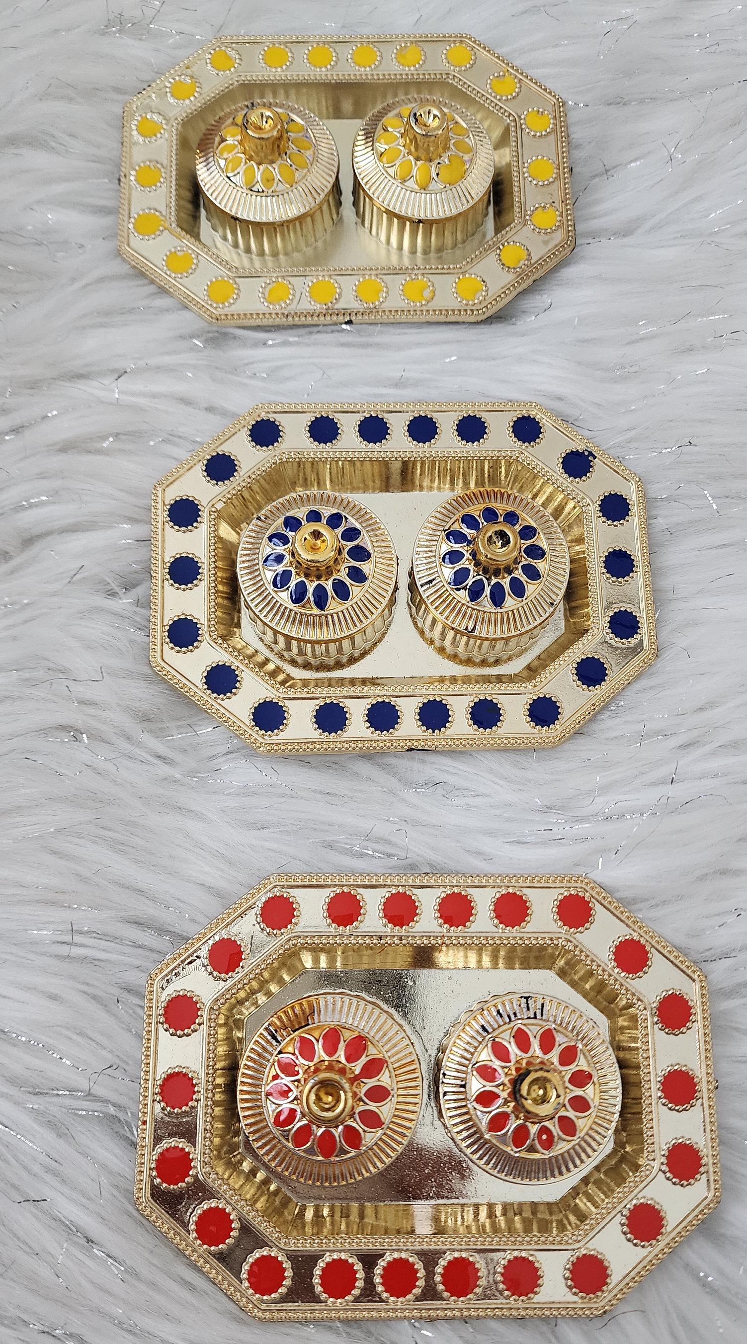 Haldi Kumkum Decorative Plates: Vermilion Holder Pooja Thali, Mehndi Decoration.