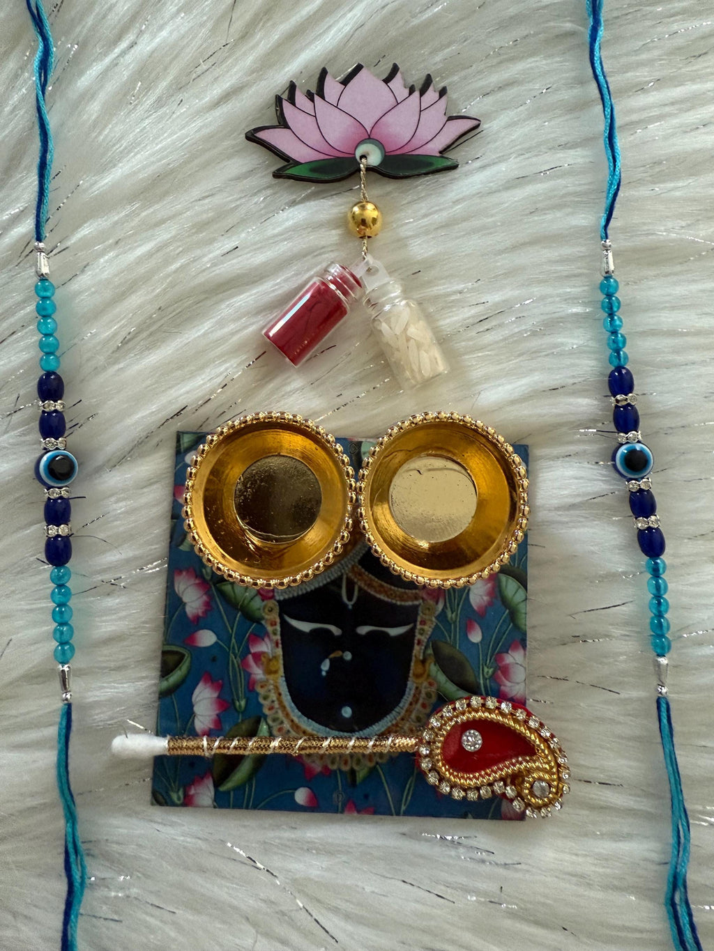 Handmade Rakhi Combo Set: Evil Eye Rakhi, Haldi Kumkum Plate