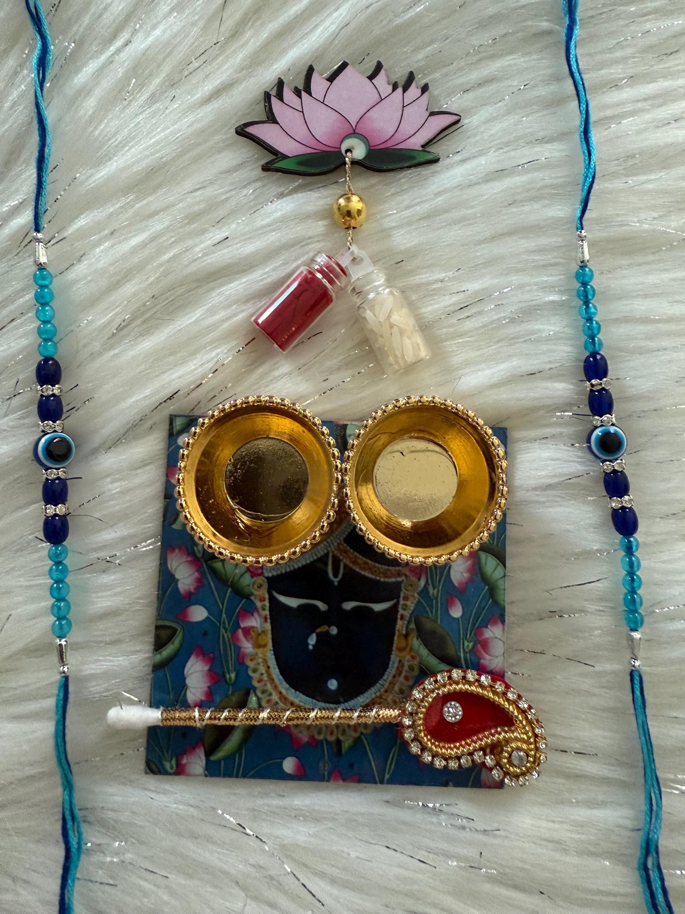 Handmade Rakhi Combo Set: Evil Eye Rakhi, Haldi Kumkum Plate