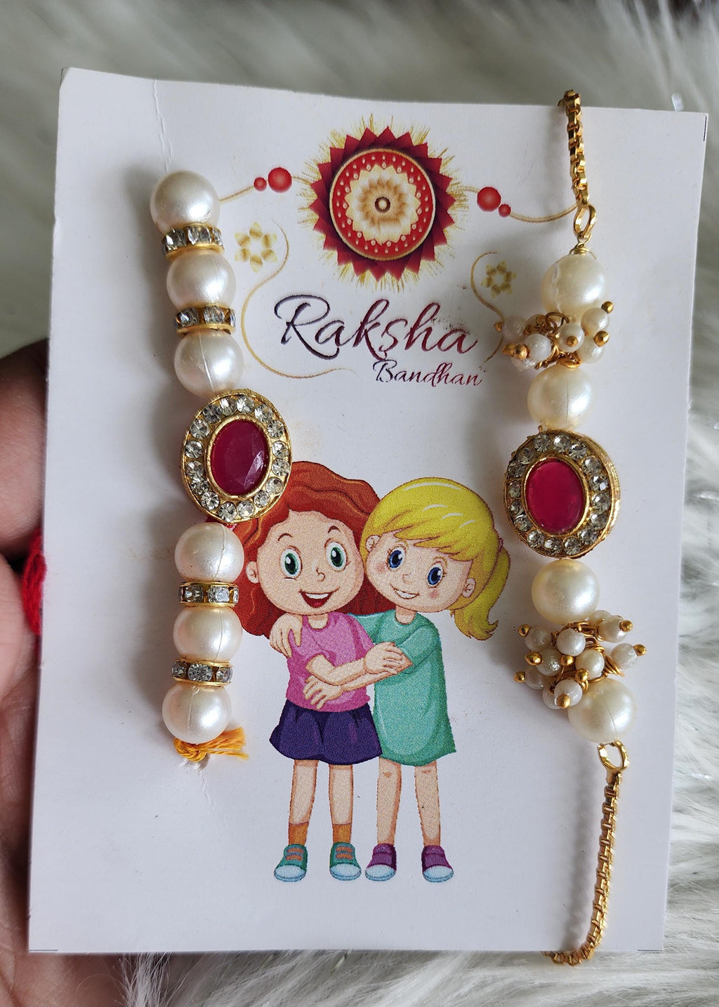 Handmade Kundan Rakhi Set: Pearl Chain Couple Rakhsha Bandhan