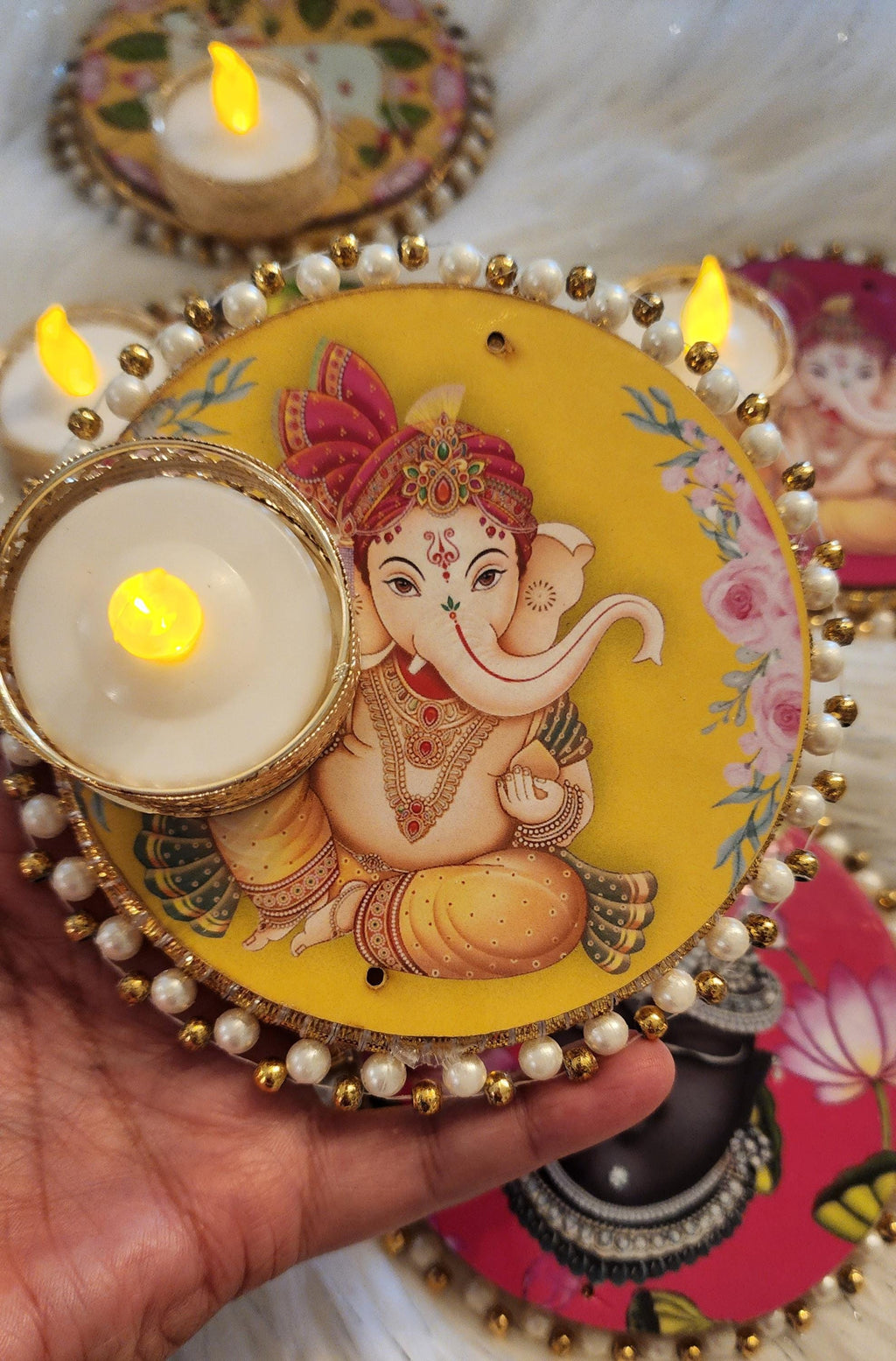 Handcrafted Ganesh, Krishna, Cow Tea Light Holder: Diwali Decor