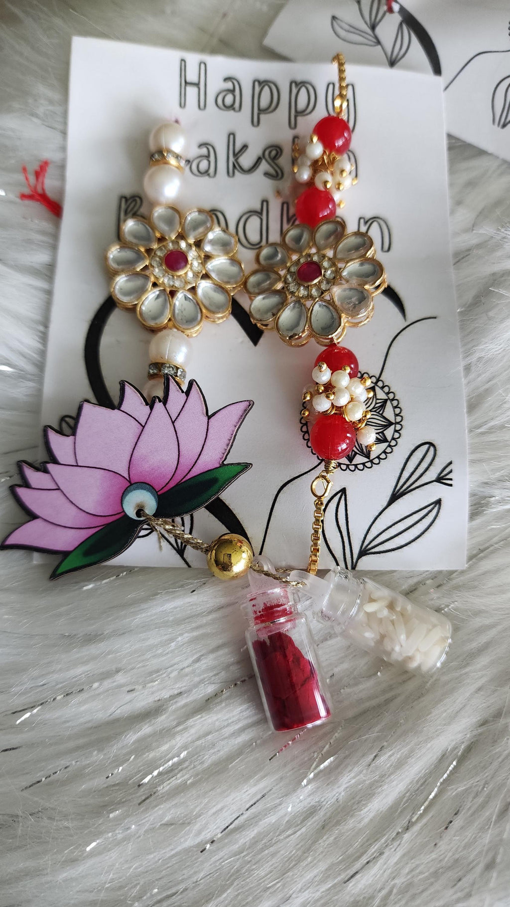 Handmade Kundan Couple Rakhi Set: Pearl Chain, Roli & Chawal