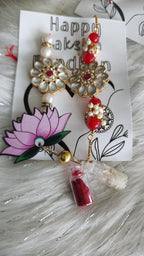 Handmade Kundan Couple Rakhi Set: Pearl Chain, Roli & Chawal