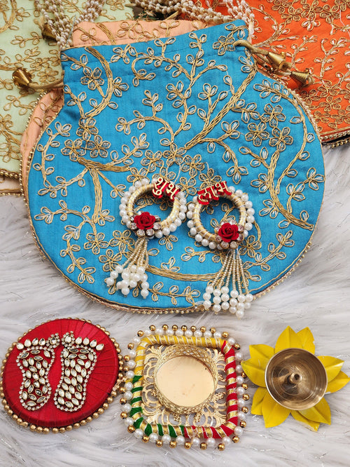 Diwali Potli Bag Set: Embroidered Pooja Gift, Housewarming Favors (5 Pcs)