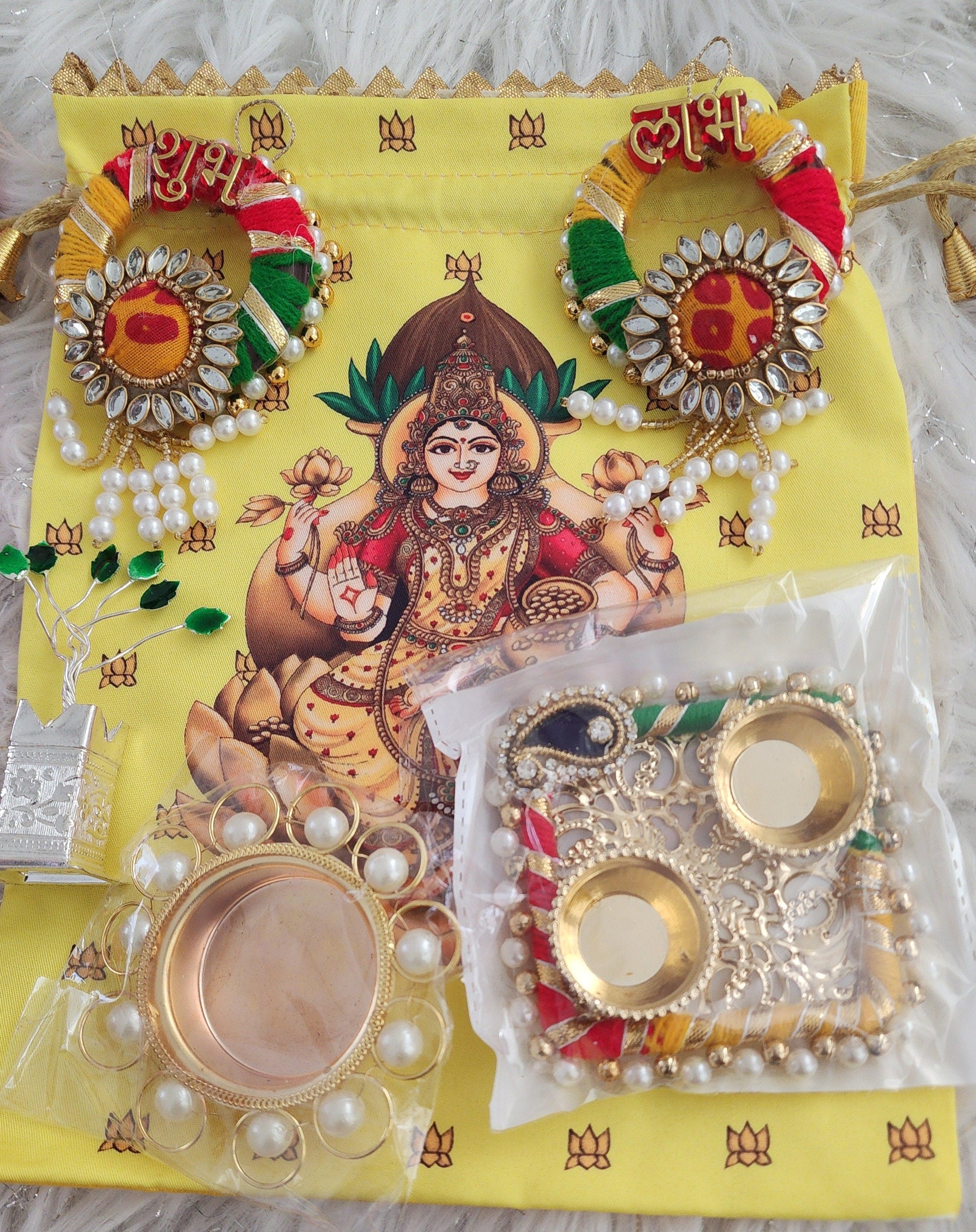 Diwali Potli Bag Set: Pooja Favors, Housewarming Gifts (5 Pcs)